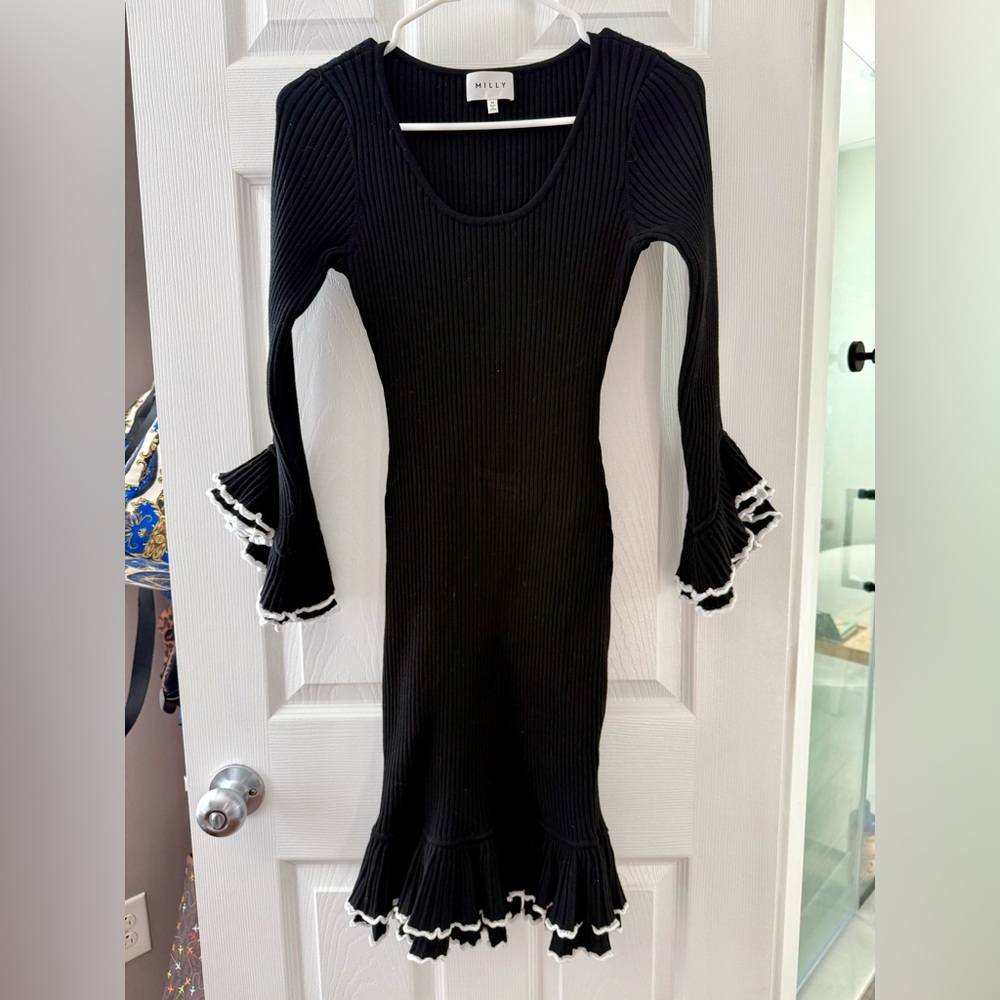 Milly Ribbed Knit Ruffle Long Sleeve Black Dress Size M